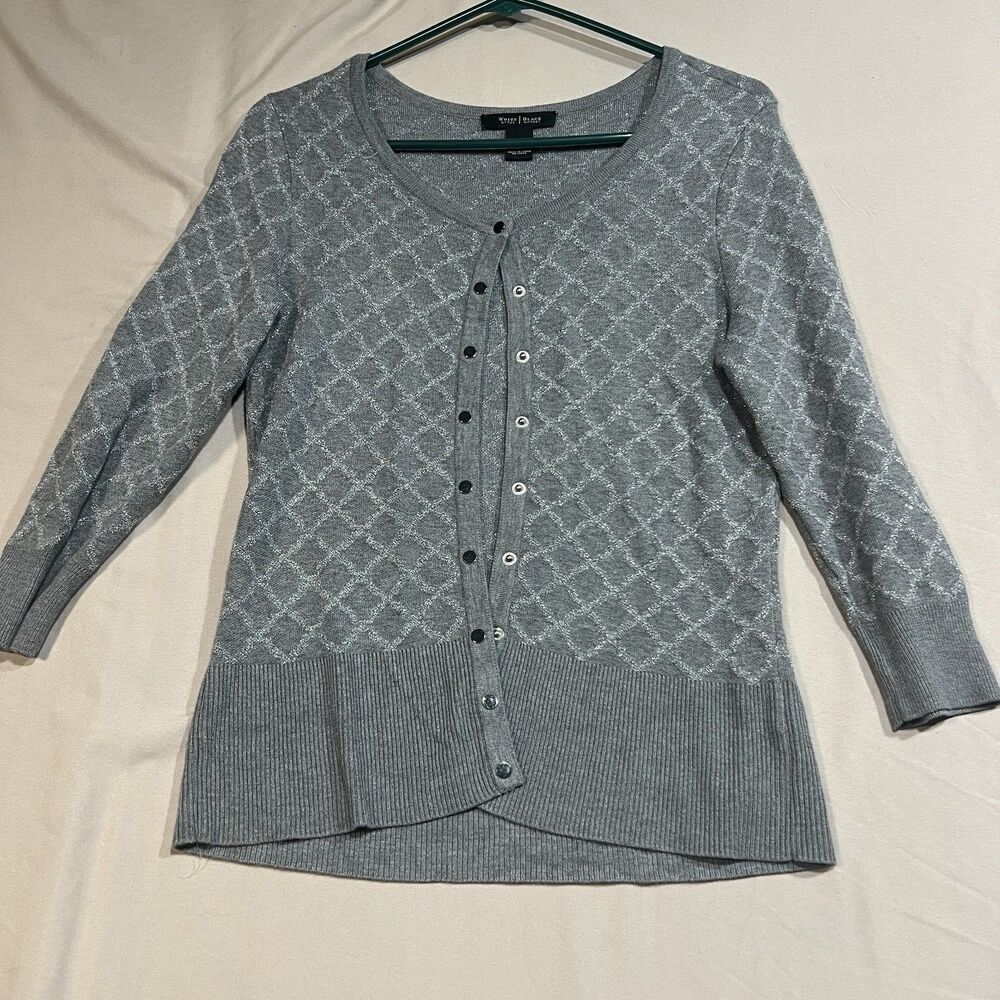 White House Black Market Gray Silver Metallic Shimmer Cardigan Sweater Size M